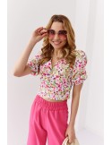 Short women\'s blouse with a floral print, cream and amaranth 02047 - Online store - Boutique